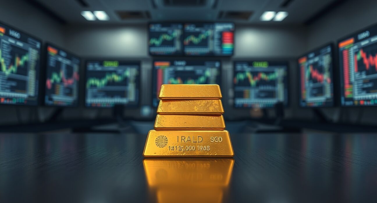 Gold bars stacked on a dark surface with financial charts in the background