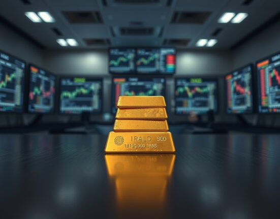 Gold bars stacked on a dark surface with financial charts in the background
