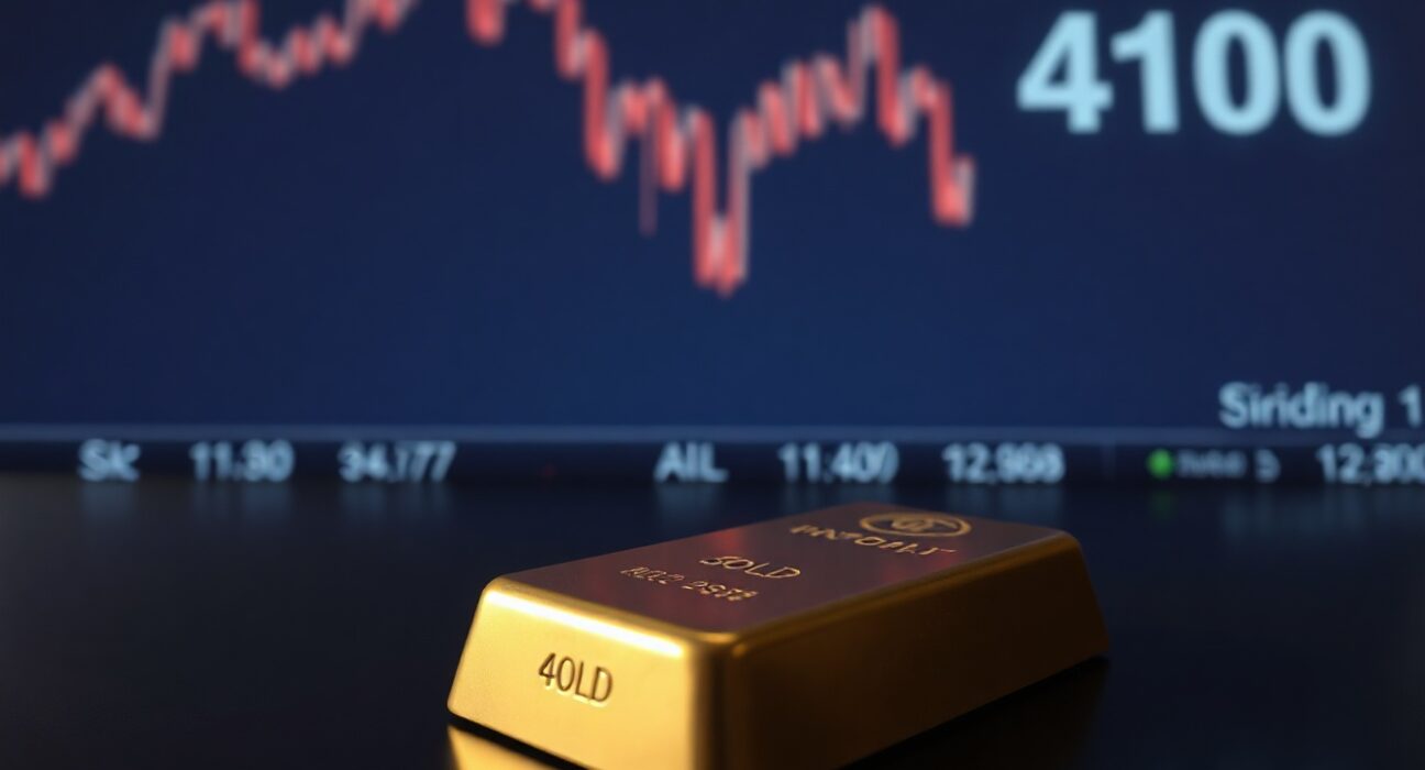 Gold bar with a downward chart and $4,100 level in the background