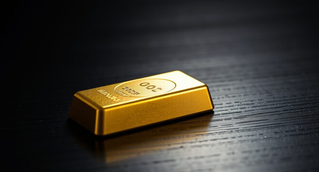 A single gold bar on a dark surface representing the precious metal's price action and market analysis.