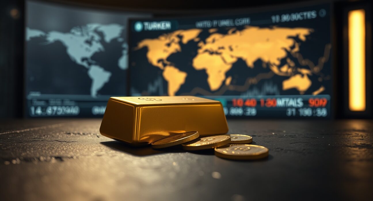 Gold bars and coins on a dark surface with a blurred news monitor in the background.