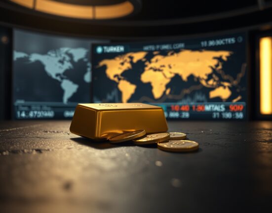 Gold bars and coins on a dark surface with a blurred news monitor in the background.