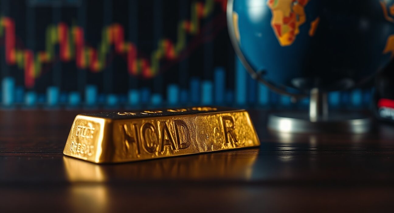 Gold bar on a dark surface with blurred financial charts in the background, representing market uncertainty.