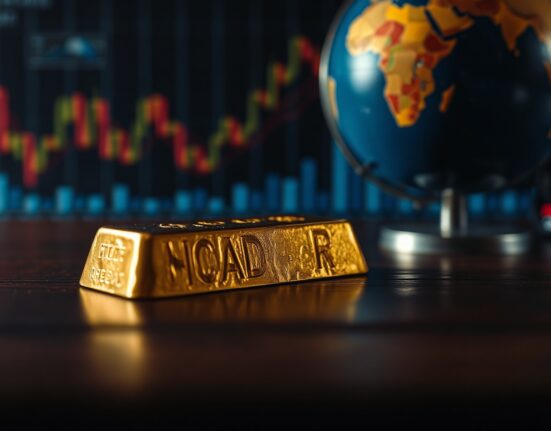 Gold bar on a dark surface with blurred financial charts in the background, representing market uncertainty.