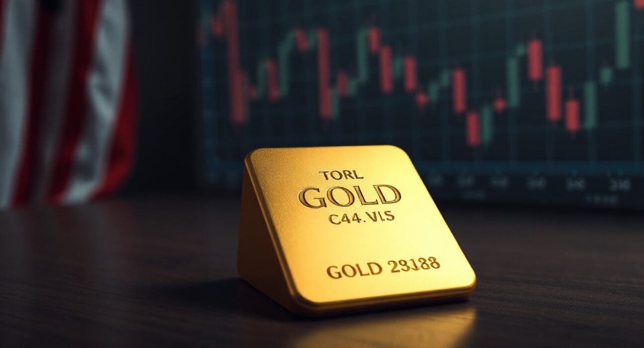 Gold bar on dark surface with blurred financial charts in background indicating market pressure