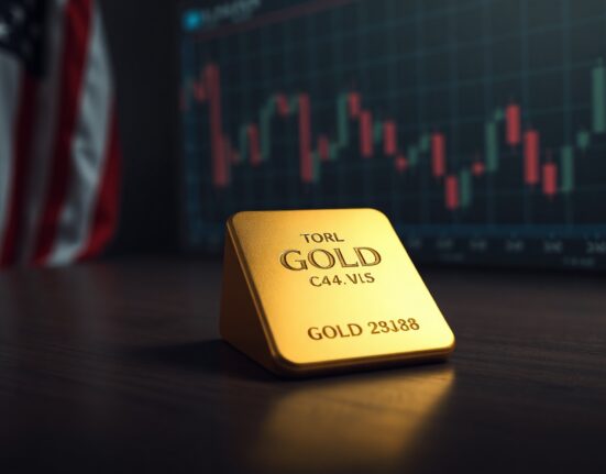 Gold bar on dark surface with blurred financial charts in background indicating market pressure
