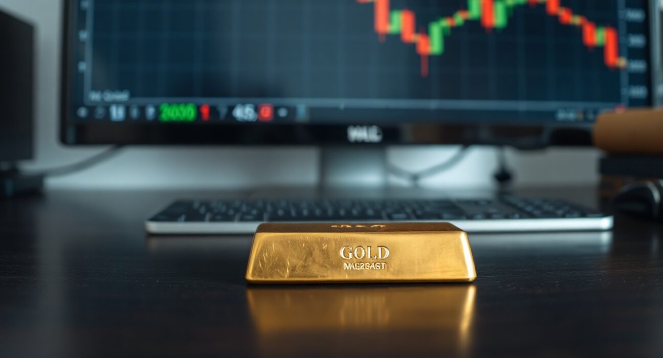 Gold bar on wooden surface with financial chart showing downward trend in background