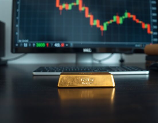 Gold bar on wooden surface with financial chart showing downward trend in background