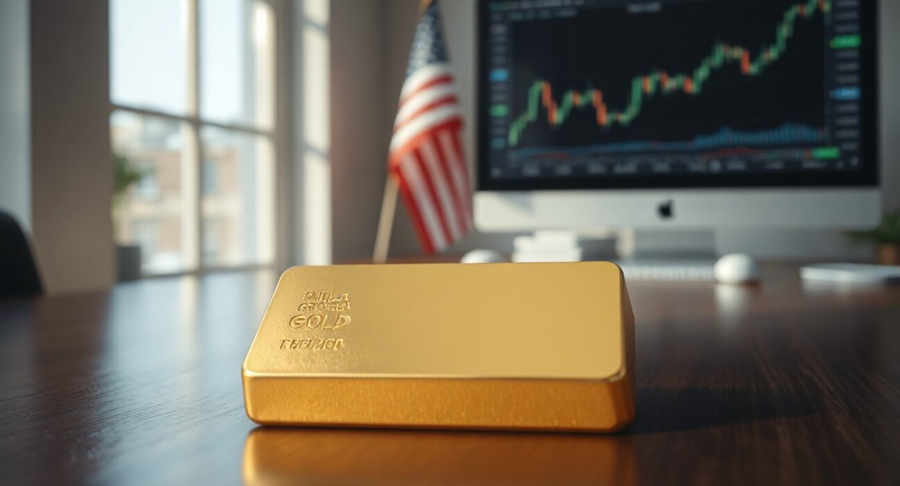 Gold bar on wooden surface with financial charts and American flag in background