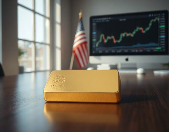 Gold bar on wooden surface with financial charts and American flag in background