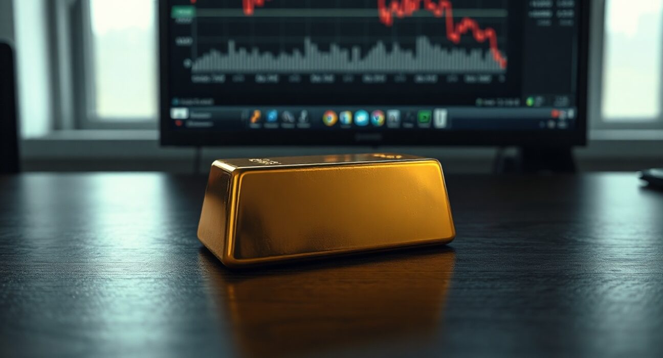 Gold bar on a dark surface with a blurry financial chart showing a downward trend in the background.