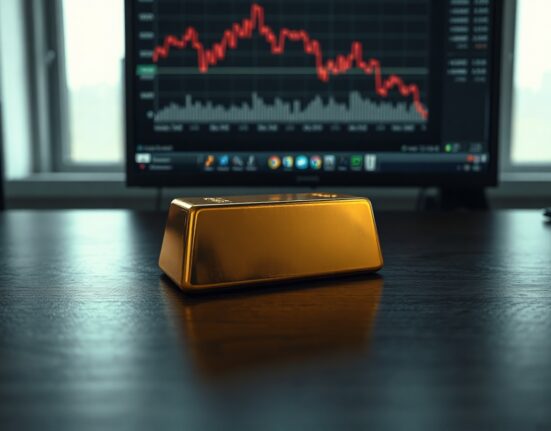 Gold bar on a dark surface with a blurry financial chart showing a downward trend in the background.