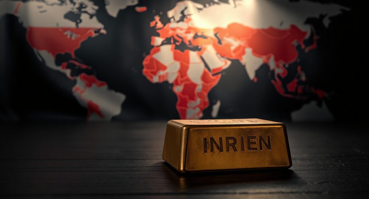 Gold bar on wooden surface with Iran map in background symbolizing geopolitical tensions and market impact