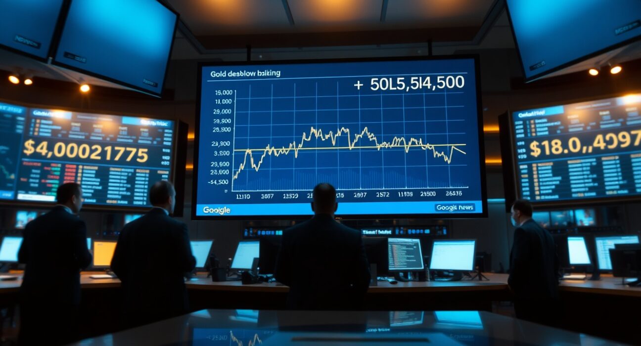 Gold price chart showing a sharp decline below $4,500 on a trading floor screen.