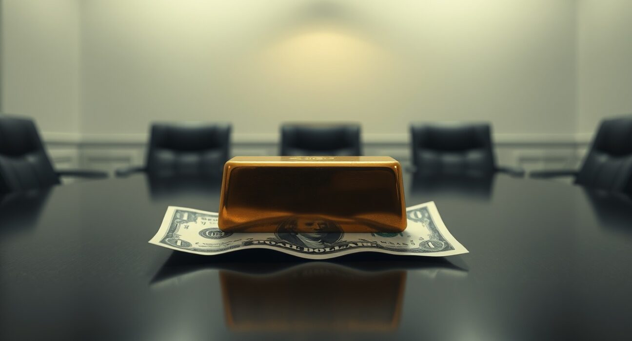 Gold bar on dark surface with US Dollar bill and blurred diplomatic meeting room in background