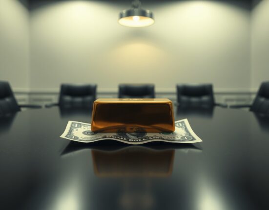 Gold bar on dark surface with US Dollar bill and blurred diplomatic meeting room in background