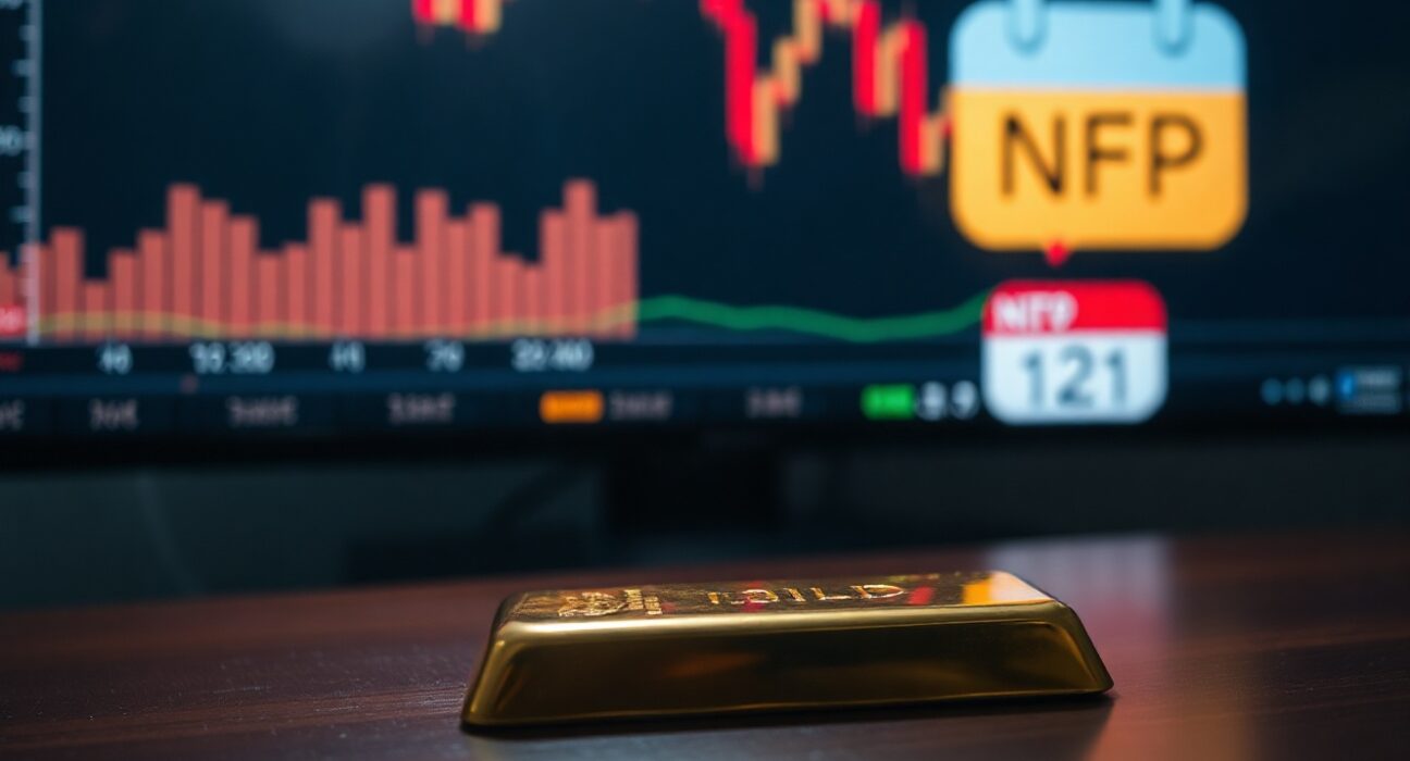 Gold bar with a financial chart showing downward trend and NFP calendar in the background