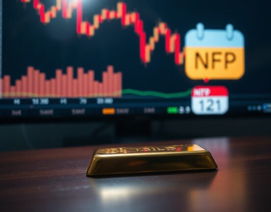 Gold bar with a financial chart showing downward trend and NFP calendar in the background