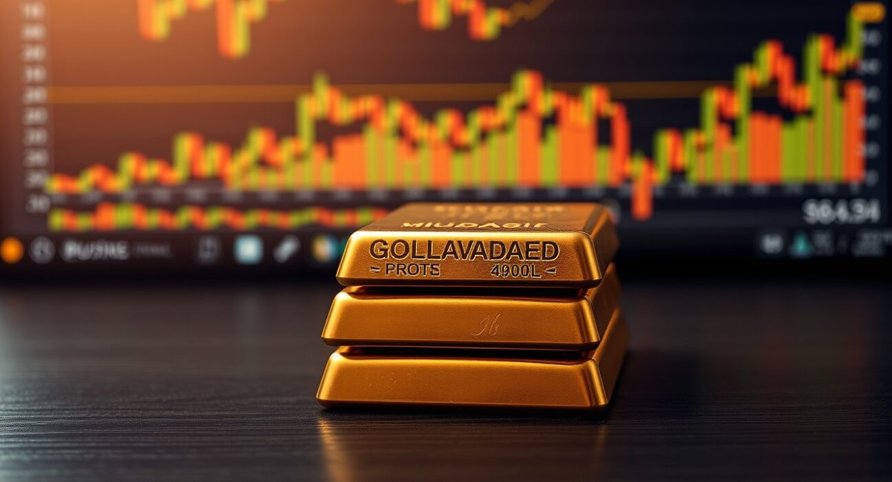 Close-up of stacked gold bars with a blurred financial chart background