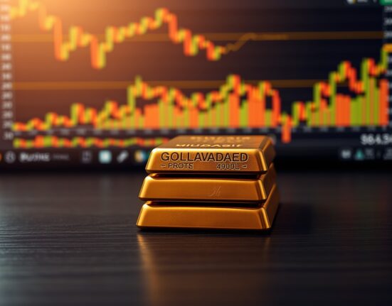 Close-up of stacked gold bars with a blurred financial chart background