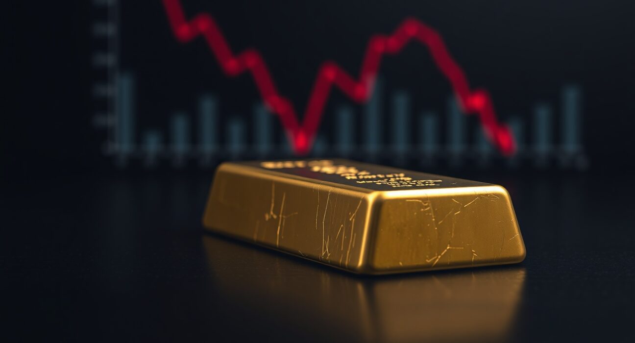 Gold bar on dark surface with downward financial chart in background representing gold price below 4600 and hawkish rate outlook