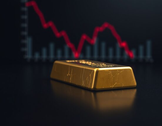 Gold bar on dark surface with downward financial chart in background representing gold price below 4600 and hawkish rate outlook