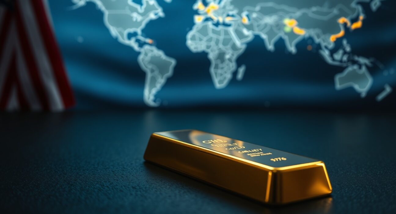 Gold bar on dark surface with blurred American flag and world map in background