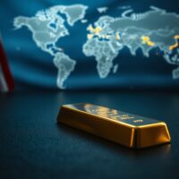 Gold bar on dark surface with blurred American flag and world map in background