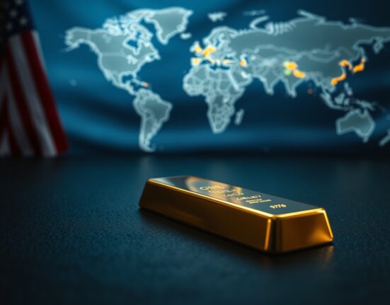 Gold bar on dark surface with blurred American flag and world map in background