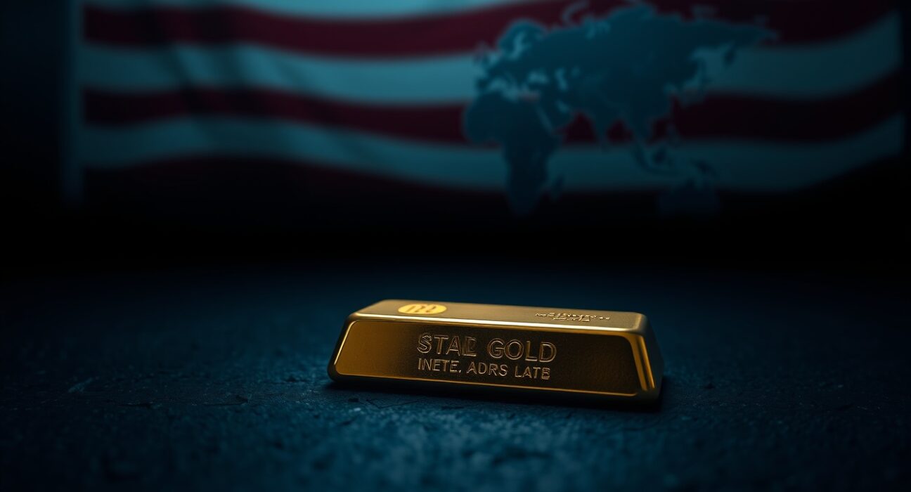 Gold bar resting on dark surface with American flag and geopolitical map in blurred background