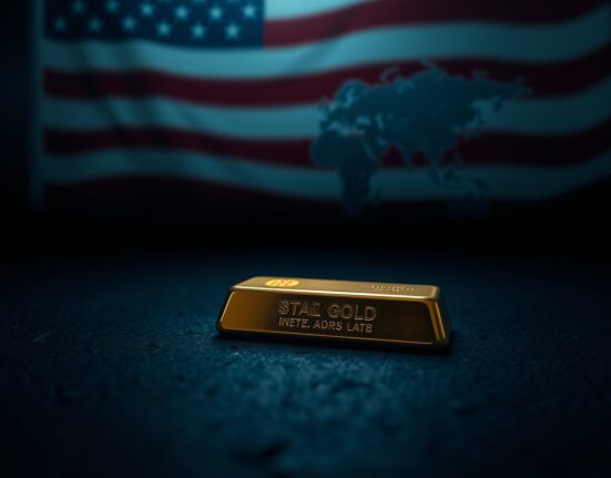 Gold bar resting on dark surface with American flag and geopolitical map in blurred background