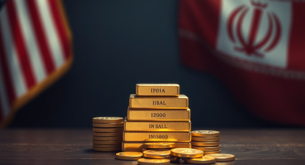 Gold bars and coins on a table with US and Iranian flags blurred in background, representing gold price below $4,700 amid geopolitical tensions