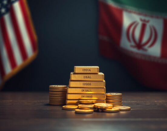 Gold bars and coins on a table with US and Iranian flags blurred in background, representing gold price below $4,700 amid geopolitical tensions