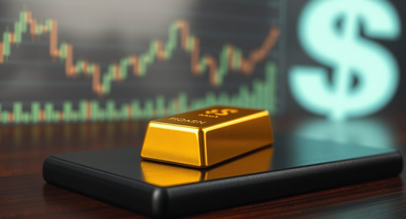 Close-up of a gold bar on a dark surface with financial charts in the background