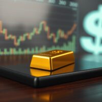 Close-up of a gold bar on a dark surface with financial charts in the background