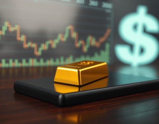 Close-up of a gold bar on a dark surface with financial charts in the background
