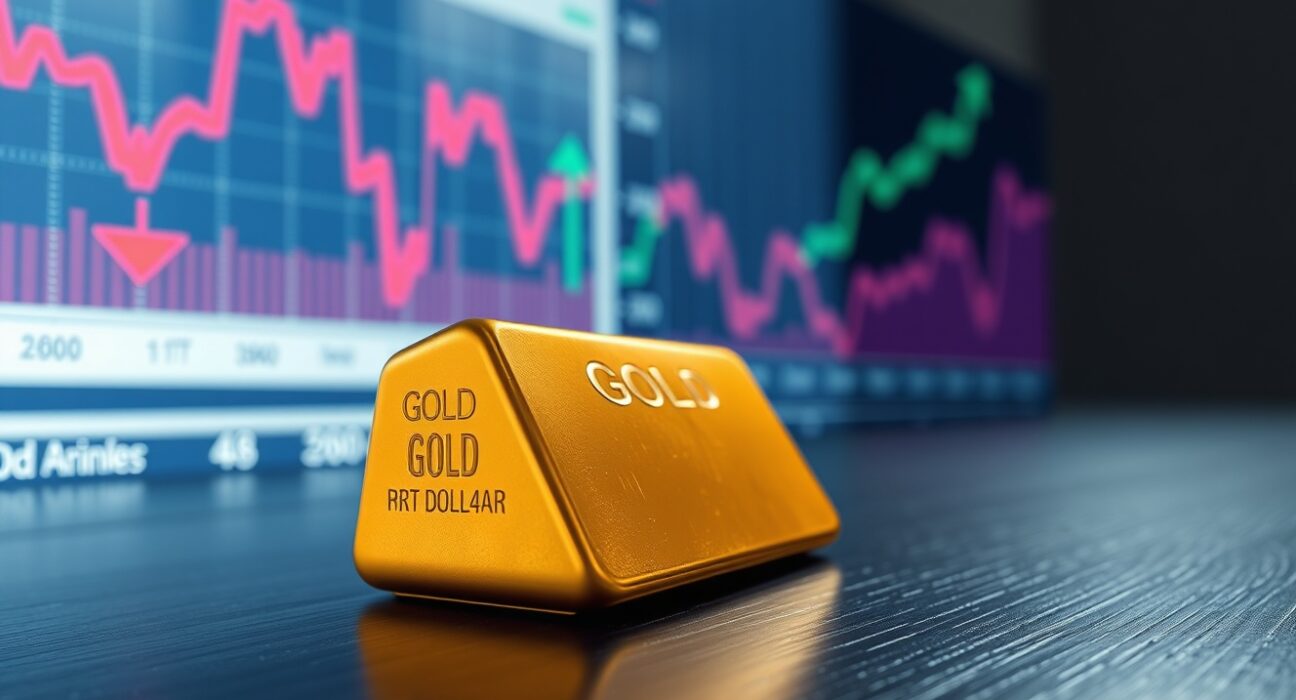 Gold bar in foreground with declining price chart and rising dollar and yield indicators in background