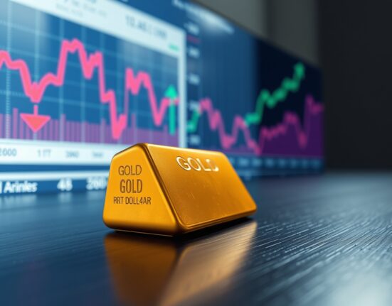 Gold bar in foreground with declining price chart and rising dollar and yield indicators in background