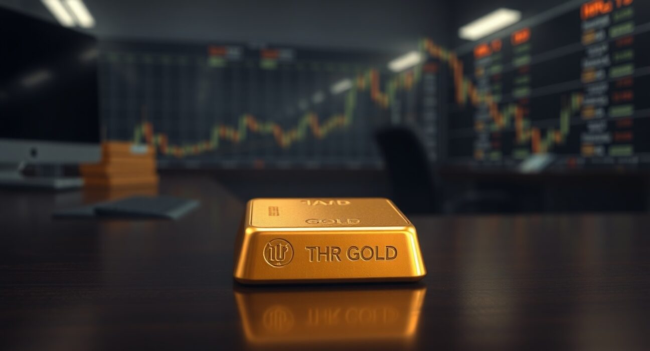 Close-up of a gold bar on a trading desk with soft lighting