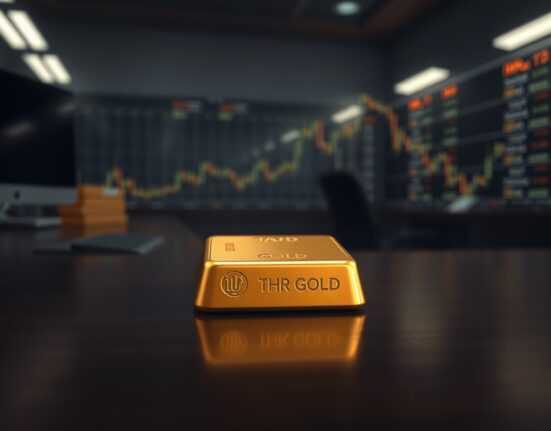 Close-up of a gold bar on a trading desk with soft lighting