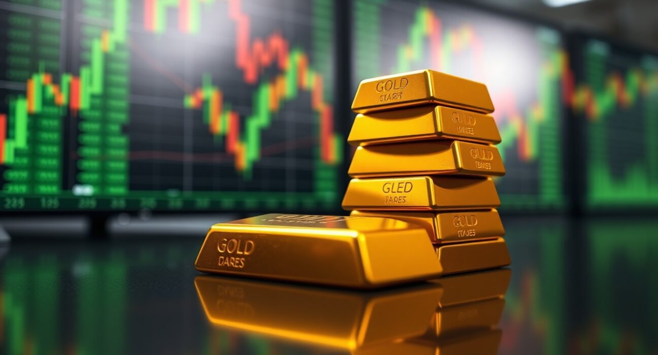 Gold bullion bars on a dark surface with financial charts in the background