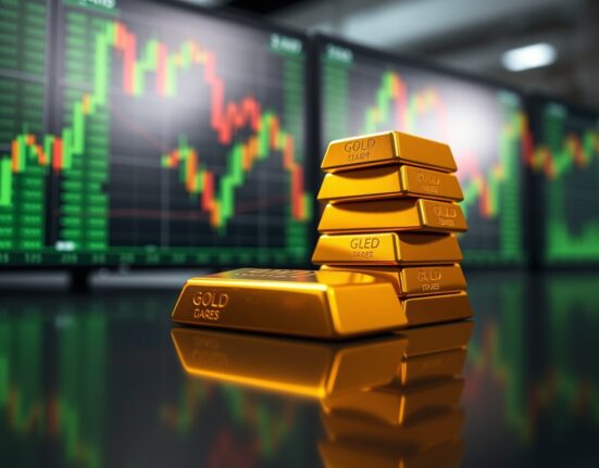 Gold bullion bars on a dark surface with financial charts in the background