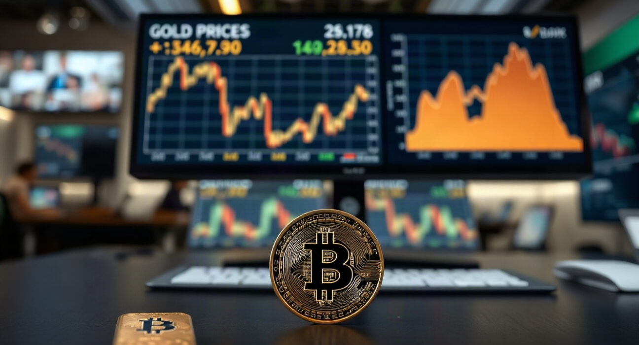 Gold bar and Bitcoin token on a trading desk with charts in background
