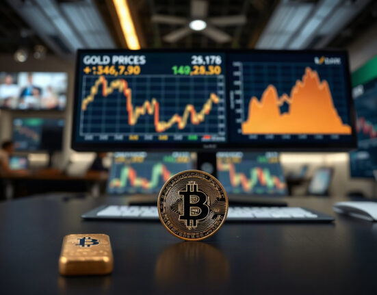 Gold bar and Bitcoin token on a trading desk with charts in background