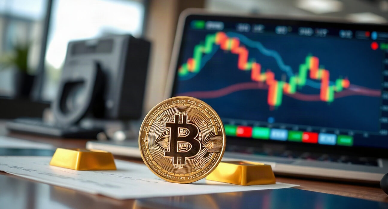 Gold bar and Bitcoin coin in front of a trading chart, representing ETF volume shifts