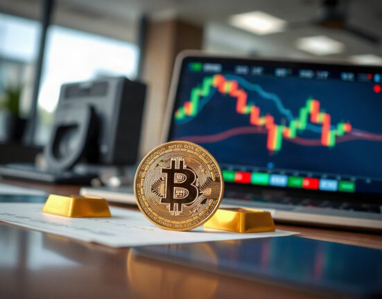 Gold bar and Bitcoin coin in front of a trading chart, representing ETF volume shifts