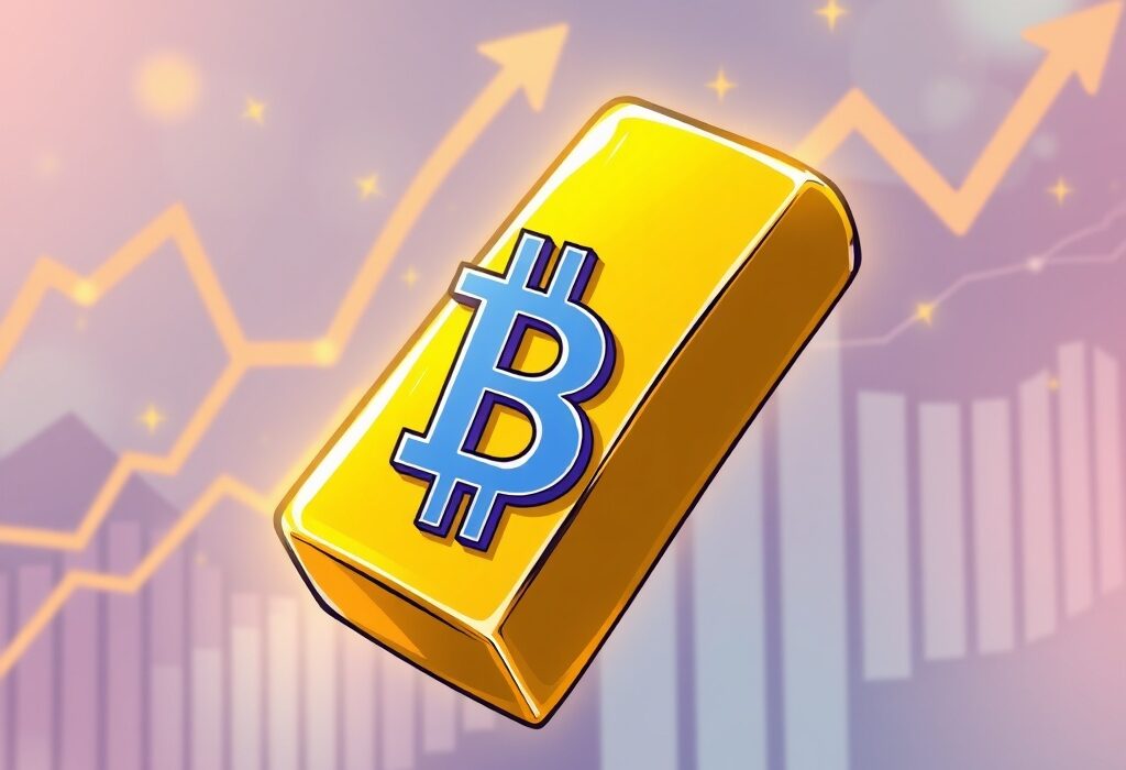 A cartoon illustration showing the synergy of a gold and Bitcoin product, symbolizing both stability and growth potential for investors.