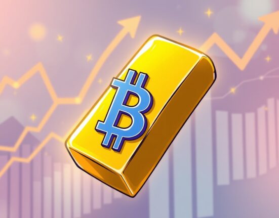 A cartoon illustration showing the synergy of a gold and Bitcoin product, symbolizing both stability and growth potential for investors.
