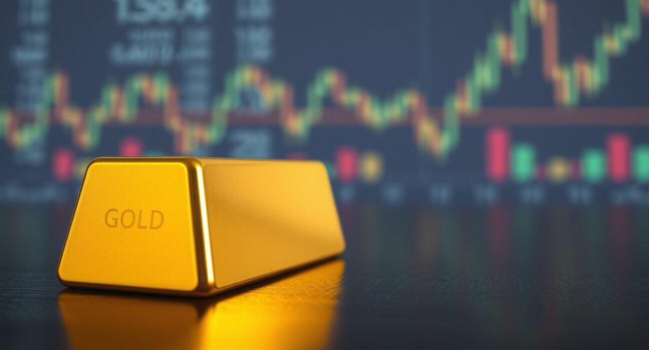 Gold bar resting on dark wood with soft studio lighting, representing precious metals market analysis.
