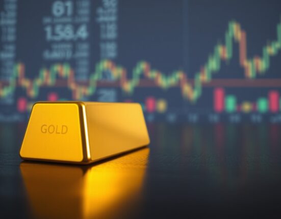 Gold bar resting on dark wood with soft studio lighting, representing precious metals market analysis.